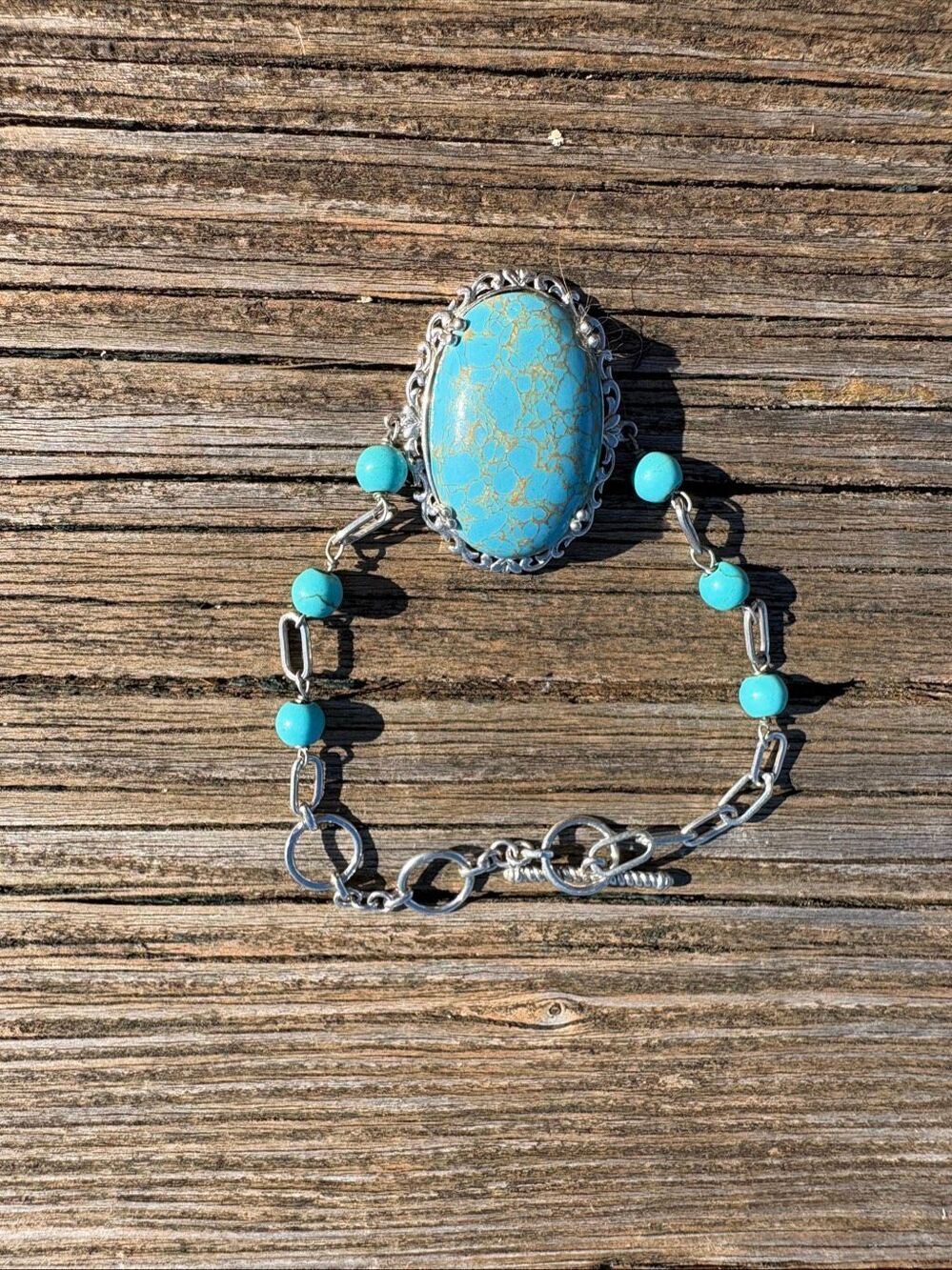 Boho Chic Statement Bracelet Turquoise Blue Silver Tone Western Style 9”